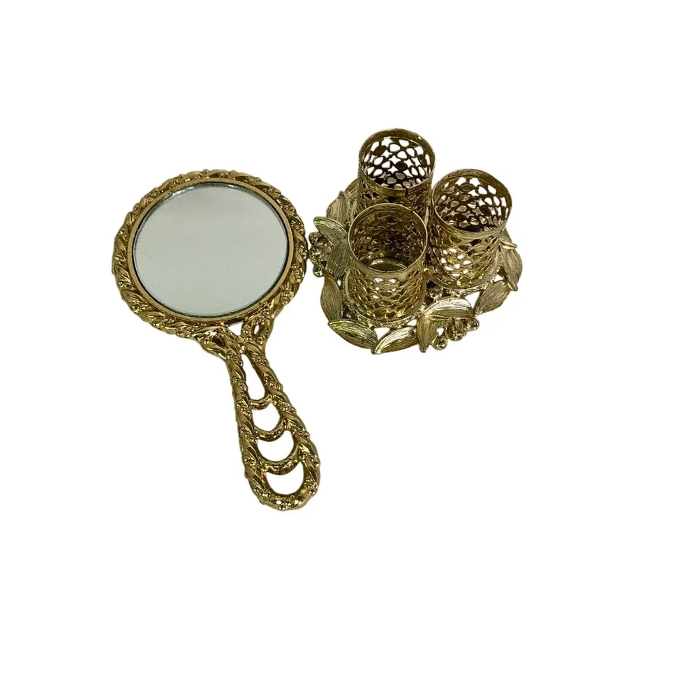 Vintage Gold Filigree Vanity Set Mirror Lipstick Holders Hollywood Regency